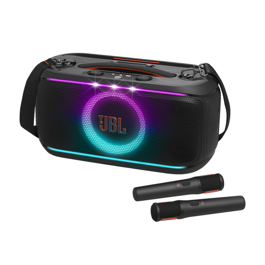 JBL PartyBox On-the-Go 2 | Portable party speaker with one wireless digital mic, handle and a shoulder strap